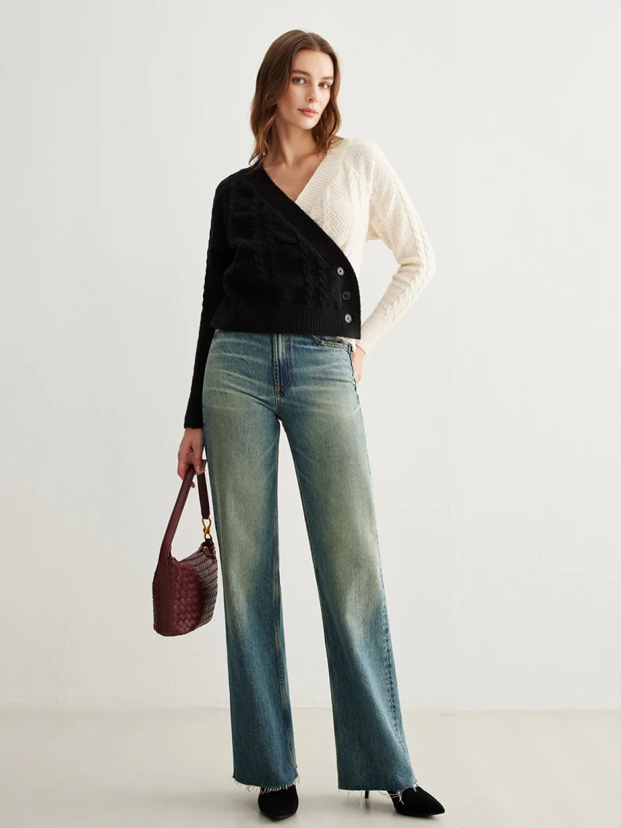 Cardigan Bicolore Croisé | Maille Torsadée | Noir & Blanc Graphique – Image 5