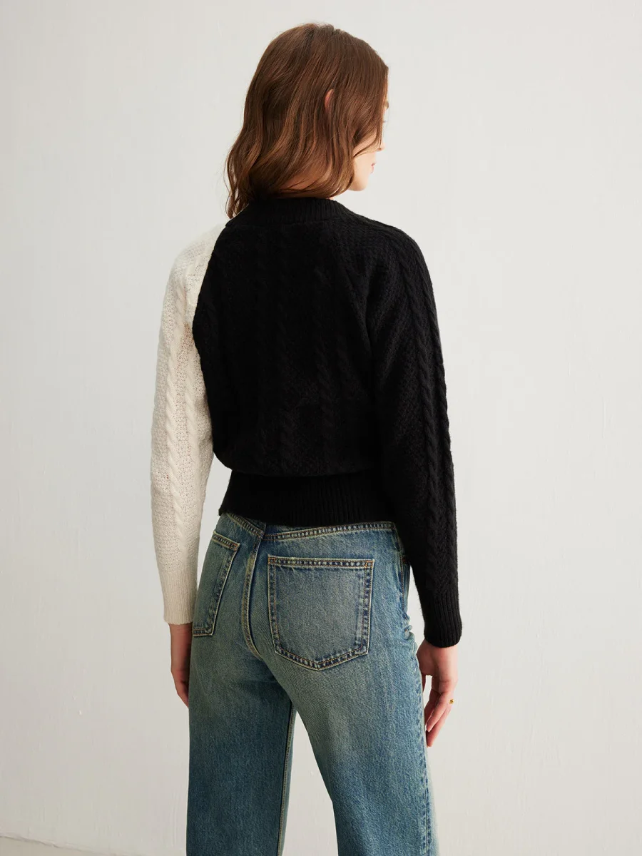 Cardigan Bicolore Croisé | Maille Torsadée | Noir & Blanc Graphique – Image 6