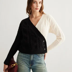 Cardigan Bicolore Croisé | Maille Torsadée | Noir & Blanc Graphique