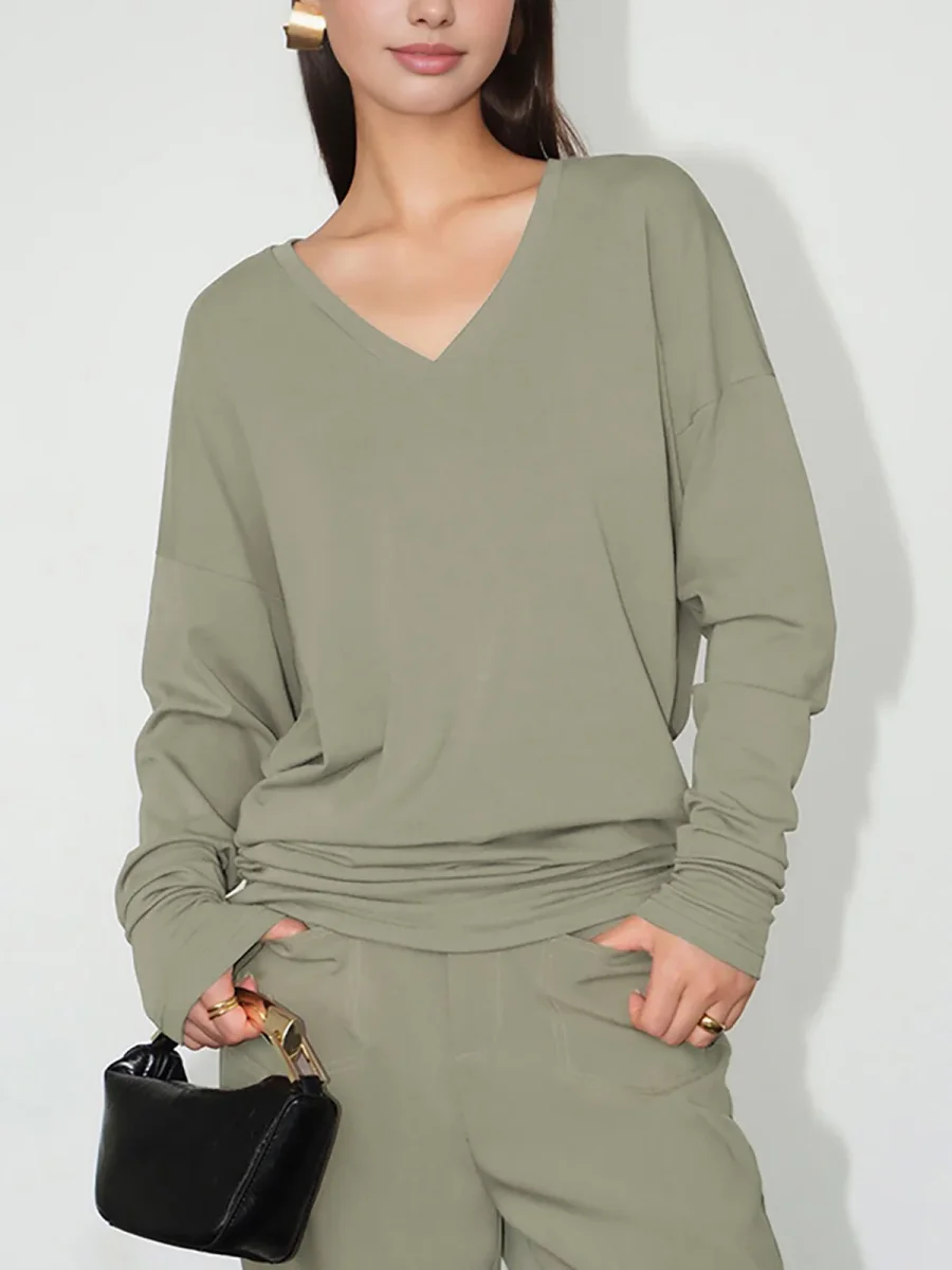 Khaki Top | Oversize V-Neck | Casual Comfort for Everyday Life