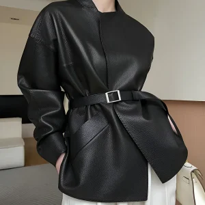 Belted Black Jacket | Leather Effect | Structured Elegance