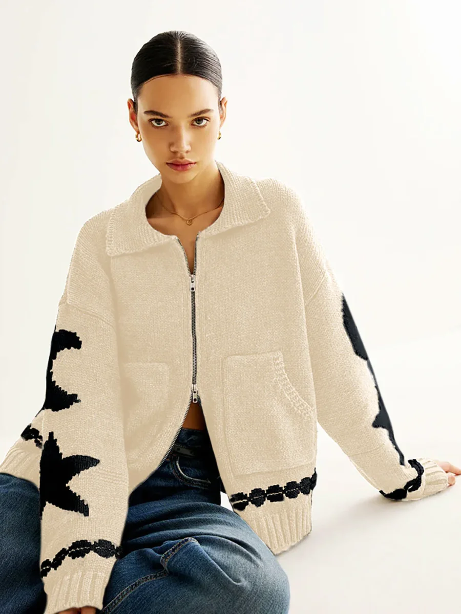 Cardigan Zippé Motifs Lune & Étoile | Maille Oversize | Style Céleste – Image 9