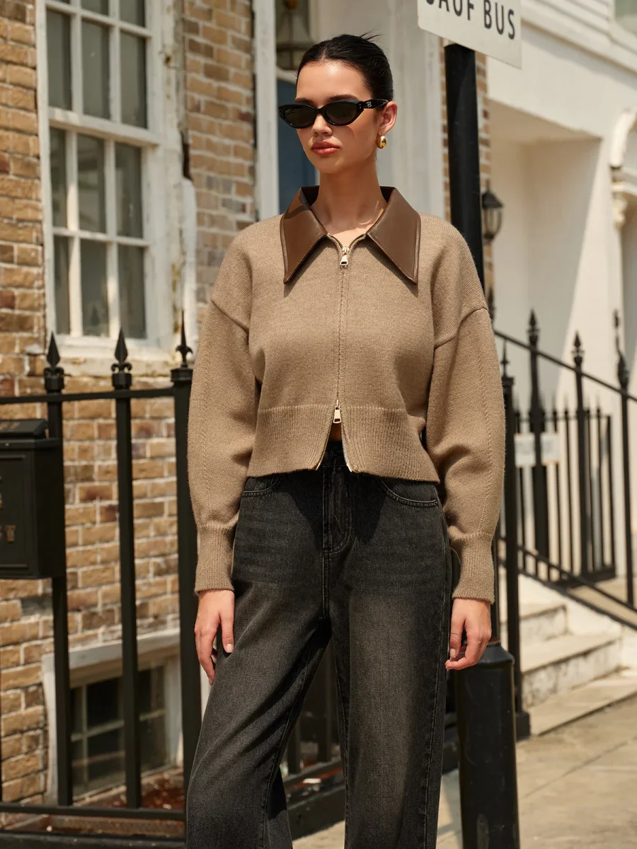 Cardigan Zippé | Beige & Marron | Col Cuir & Style Urbain – Image 4