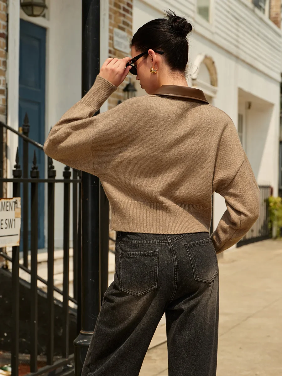 Cardigan Zippé | Beige & Marron | Col Cuir & Style Urbain – Image 6