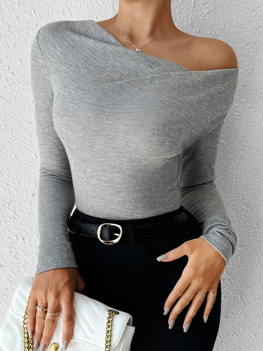 Grey Top | Asymmetrical Neckline | Comfortable Everyday Elegance