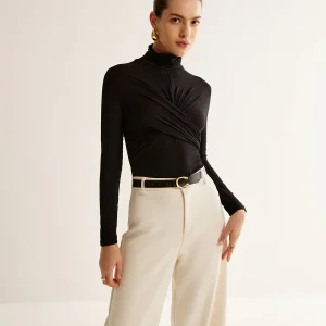 Black Draped Top | Stretch Cotton | Elegant High Collar