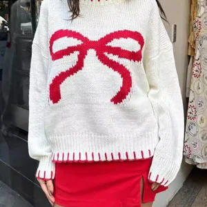 Pull Écru à Nœud Rouge | Maille Oversize | Style Hivernal Joyeux