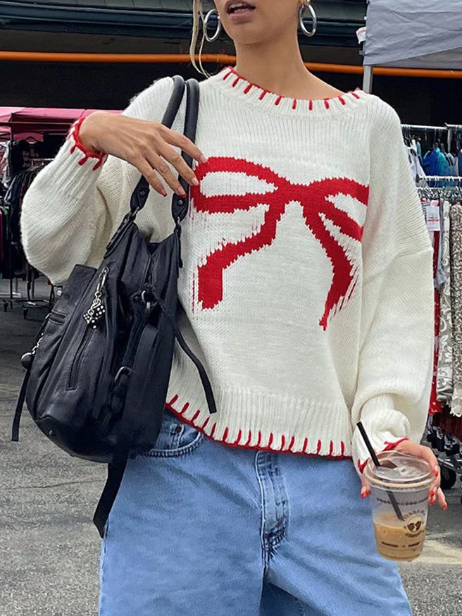 Pull Écru à Nœud Rouge | Maille Oversize | Style Hivernal Joyeux – Image 4