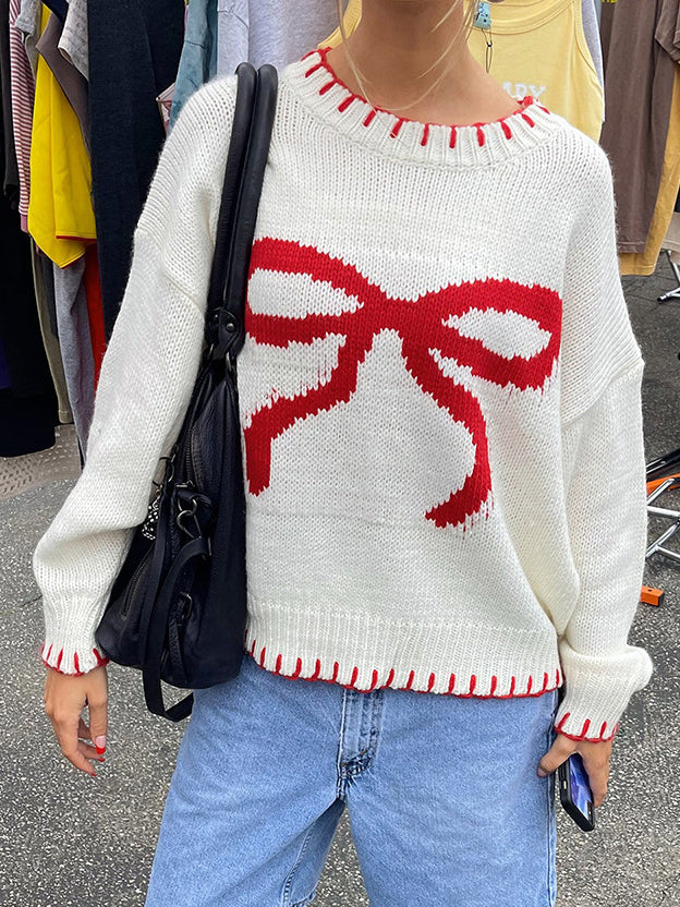 Pull Écru à Nœud Rouge | Maille Oversize | Style Hivernal Joyeux – Image 3