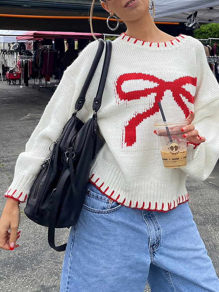 Pull Écru à Nœud Rouge | Maille Oversize | Style Hivernal Joyeux – Image 5