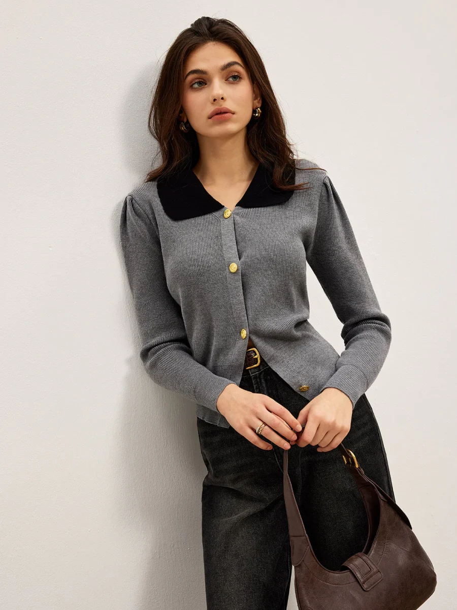 Cardigan Contrasté | Gris & Noir | Élégance Structurée