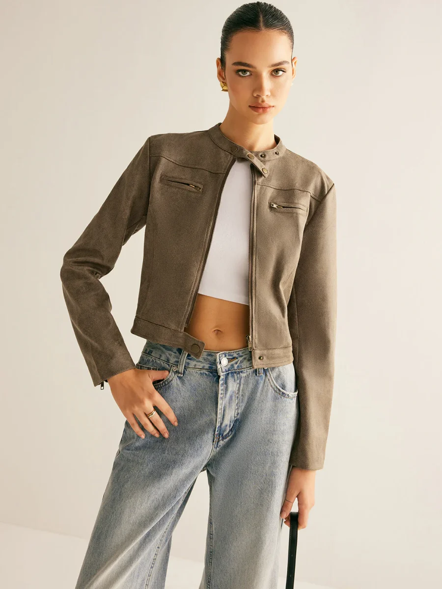 Suede Short Jacket | High Collar | Urban Style