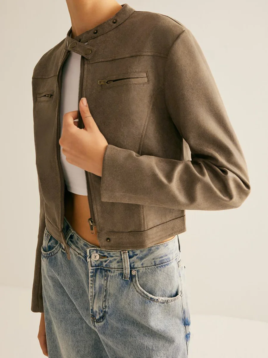 Suede Short Jacket | High Collar | Urban Style – Image 3