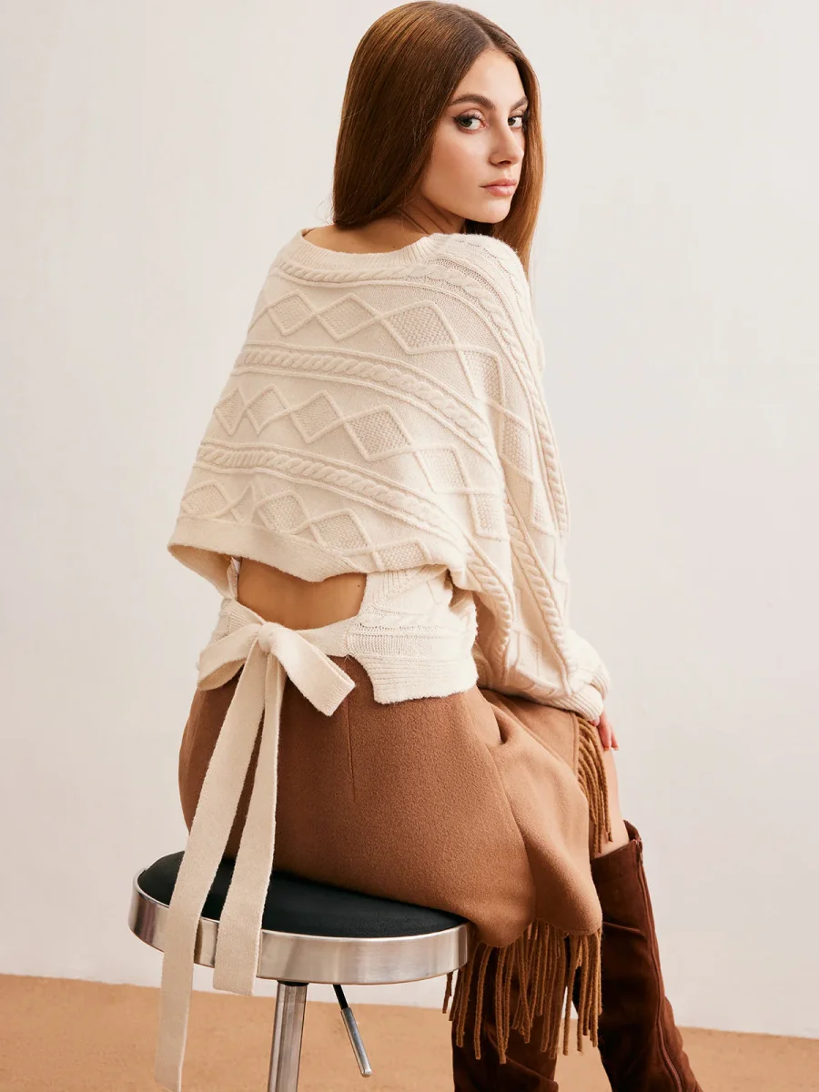 Pull Écru Dos Ouvert | Maille Texturée | Détail Noué Féminin – Image 8