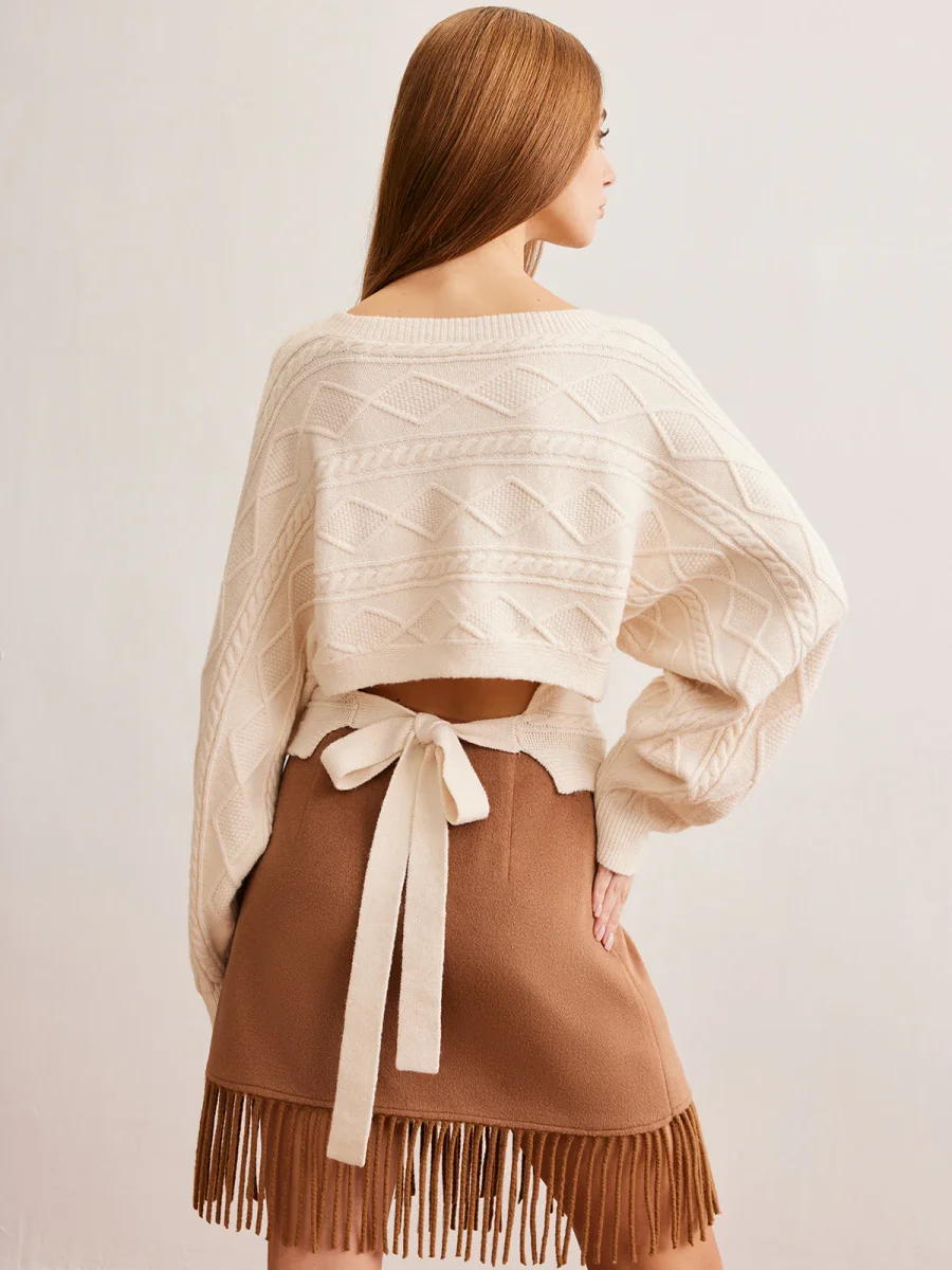 Pull Écru Dos Ouvert | Maille Texturée | Détail Noué Féminin – Image 9