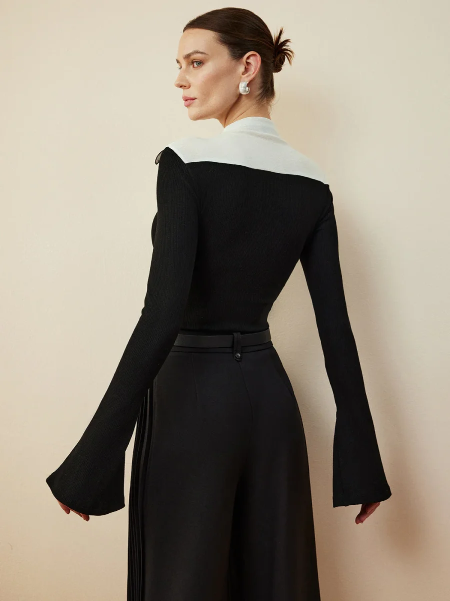 Top Bicolore | Col Montant Volants | Élégance Dramatique – Image 6