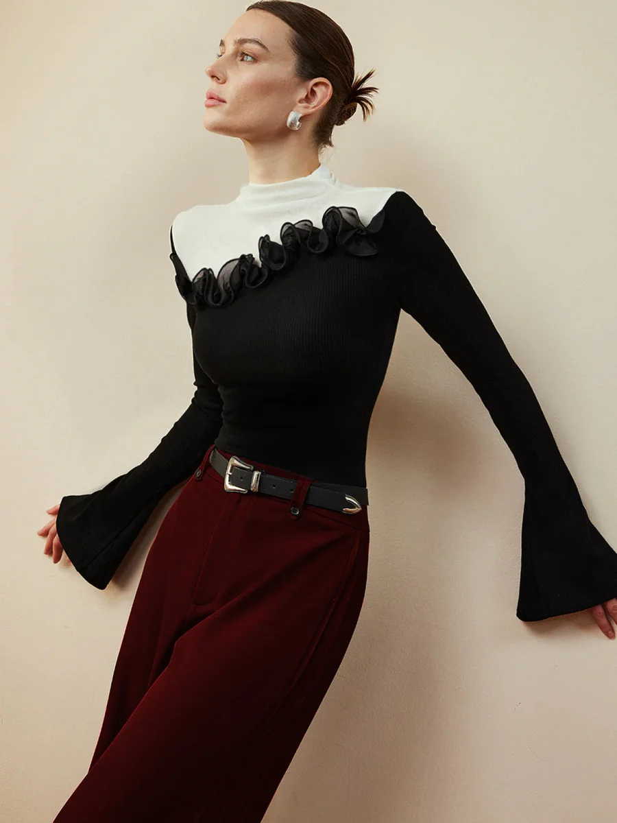 Top Bicolore | Col Montant Volants | Élégance Dramatique – Image 2