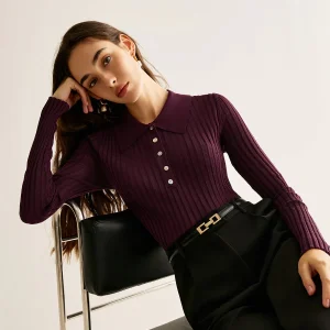 Plum Ribbed Top | Shirt Collar | Tailored Fit