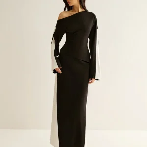 Elegant, Asymmetrical and Structured Cotton Bicolour Maxi Dress