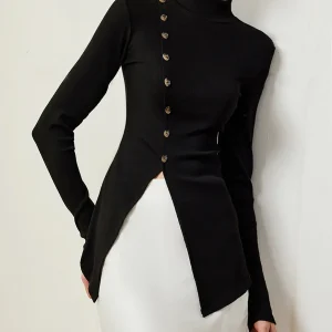 Top Black | Asymmetrical Buttoning | Structured Elegance