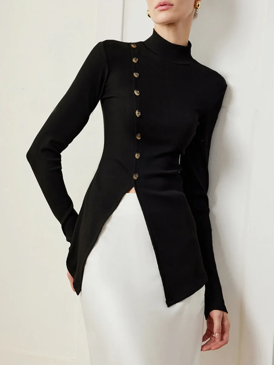 Top Black | Asymmetrical Buttoning | Structured Elegance