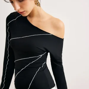 Asymmetrical Black Top | One Long Sleeve | Contrast Seams