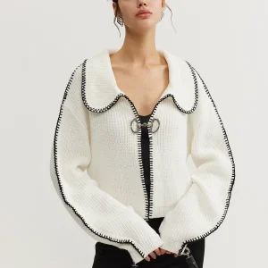 White Contrast Cardigan | Oversize Collar | Chic & Original