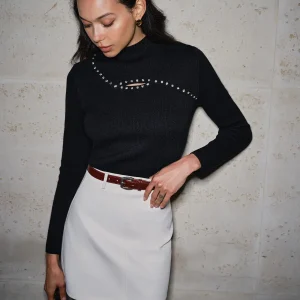 Pull Noir à Strass & Découpe | Col Montant | Élégance Nocturne