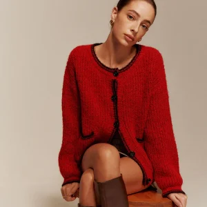 Cardigan Bouclé | Rouge & Noir | Style Parisien et Élégance Texturée