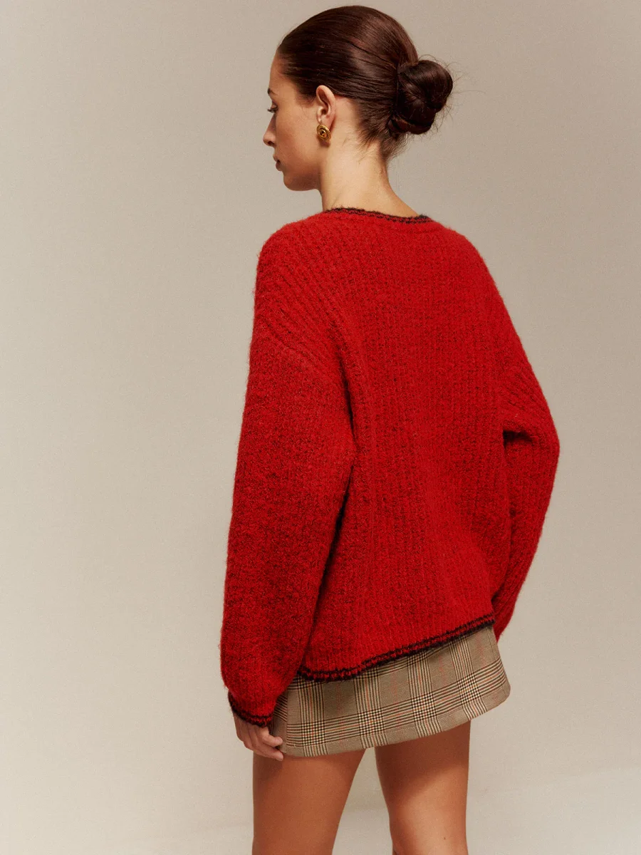 Cardigan Bouclé | Rouge & Noir | Style Parisien et Élégance Texturée – Image 8