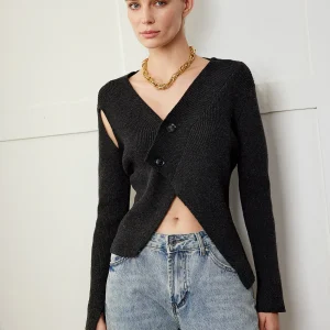 Cardigan Noir Asymétrique | Coupe Croisée & Épaule Dénudée | Style Avant-Gardiste