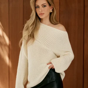 Pull Oversize à Épaule Dénudée | Maille Écrue | Élégance Décontractée
