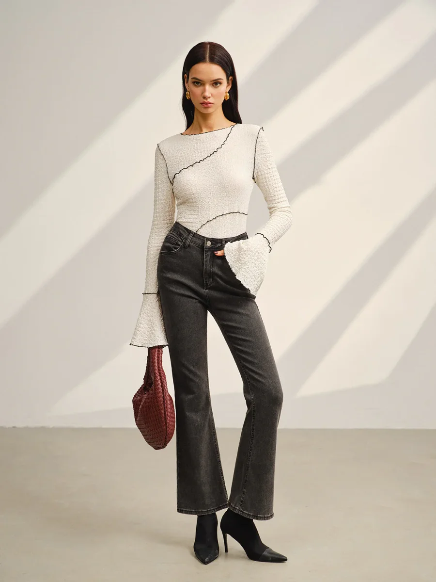 Textured White Top | Flared Sleeves & Contrast Seams | Elegant Graphic Style – Image 6