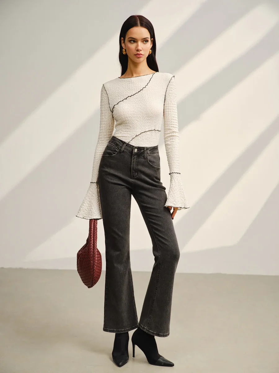 Textured White Top | Flared Sleeves & Contrast Seams | Elegant Graphic Style – Image 4