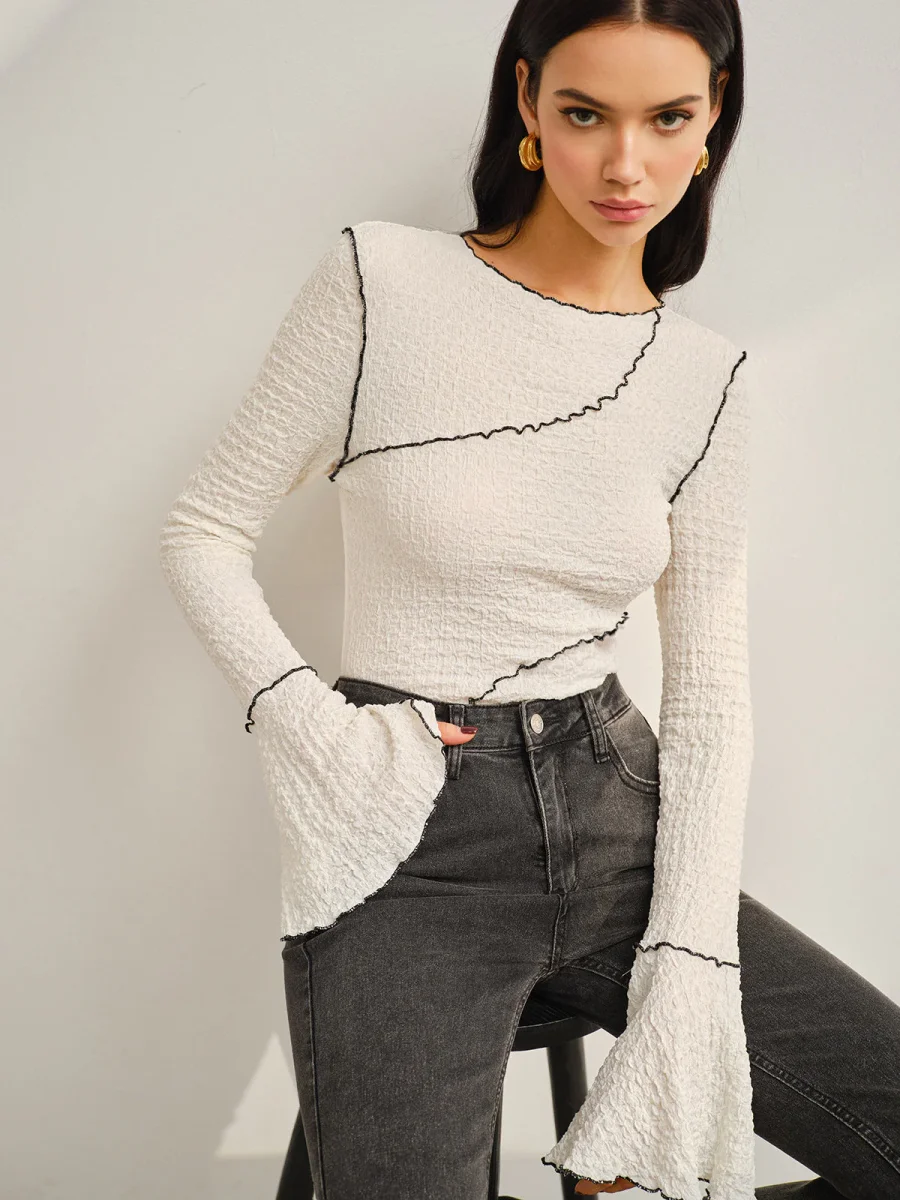 Textured White Top | Flared Sleeves & Contrast Seams | Elegant Graphic Style – Image 3