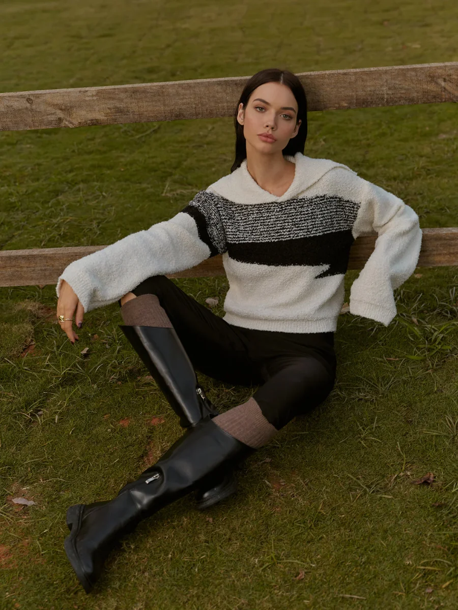 Pull Douillet Noir & Blanc | Maille Pelucheuse | Look Campagne Chic