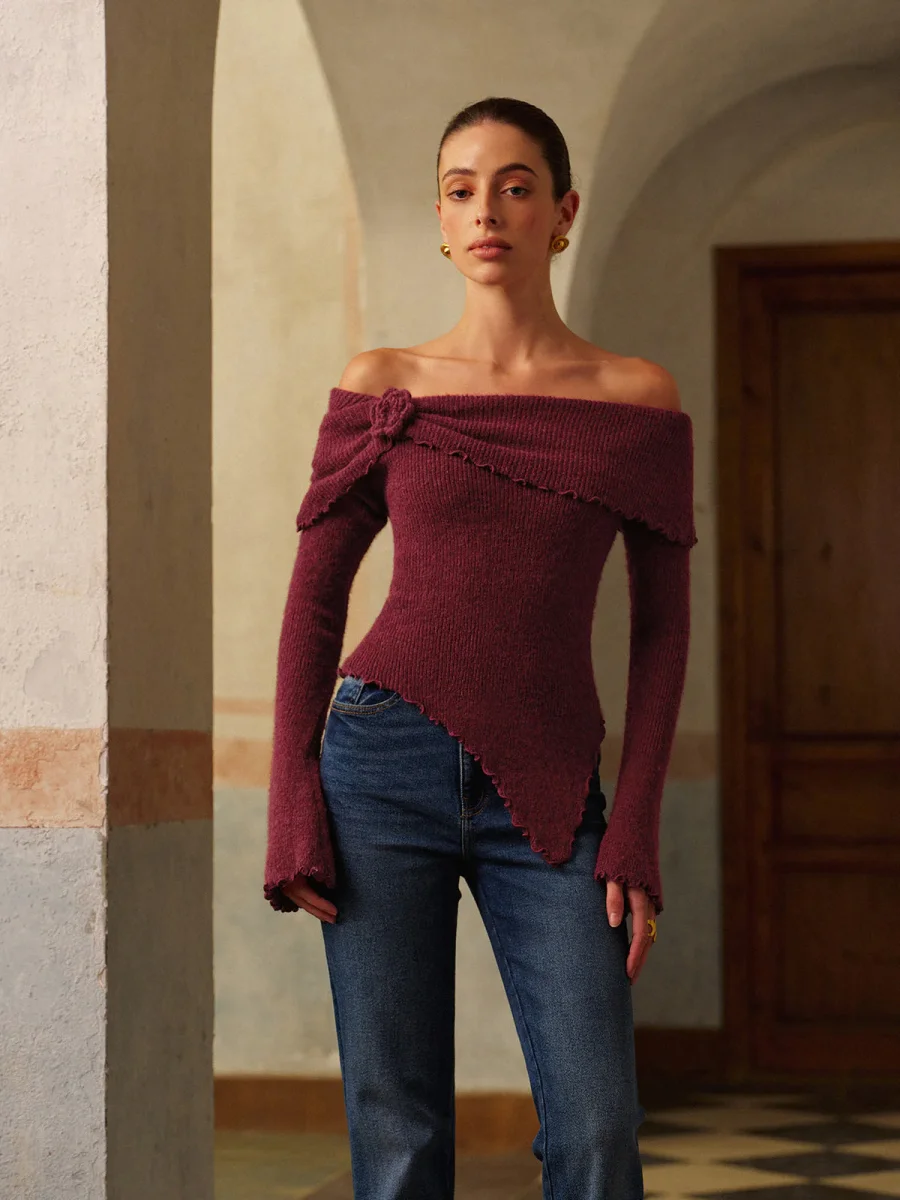 Asymmetrical Bardot Sweater | Bare Shoulders | Slim Fit – Image 6