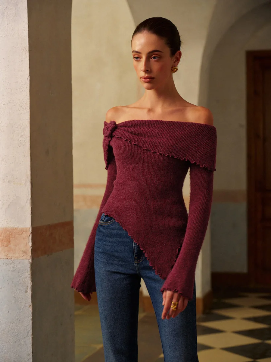 Asymmetrical Bardot Sweater | Bare Shoulders | Slim Fit – Image 4