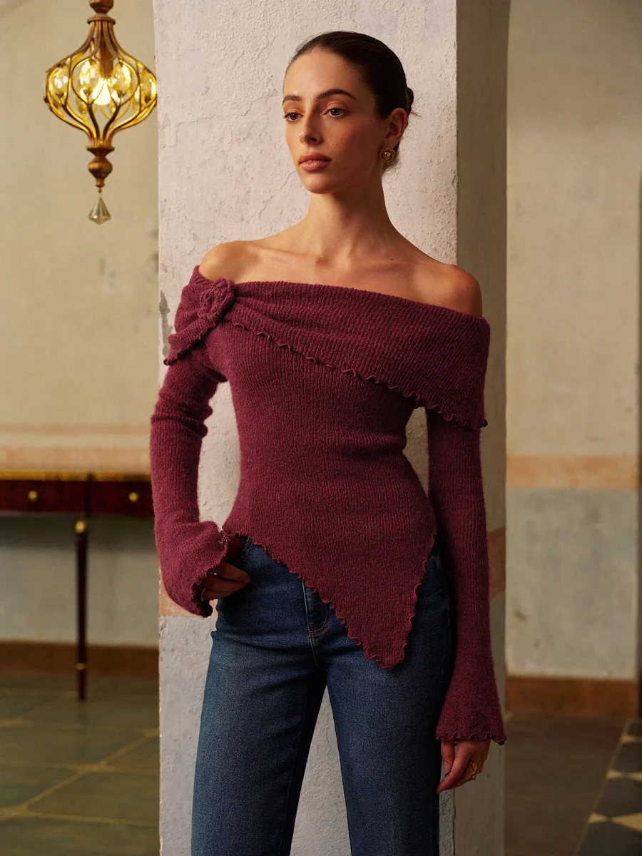 Asymmetrical Bardot Sweater | Bare Shoulders | Slim Fit – Image 2