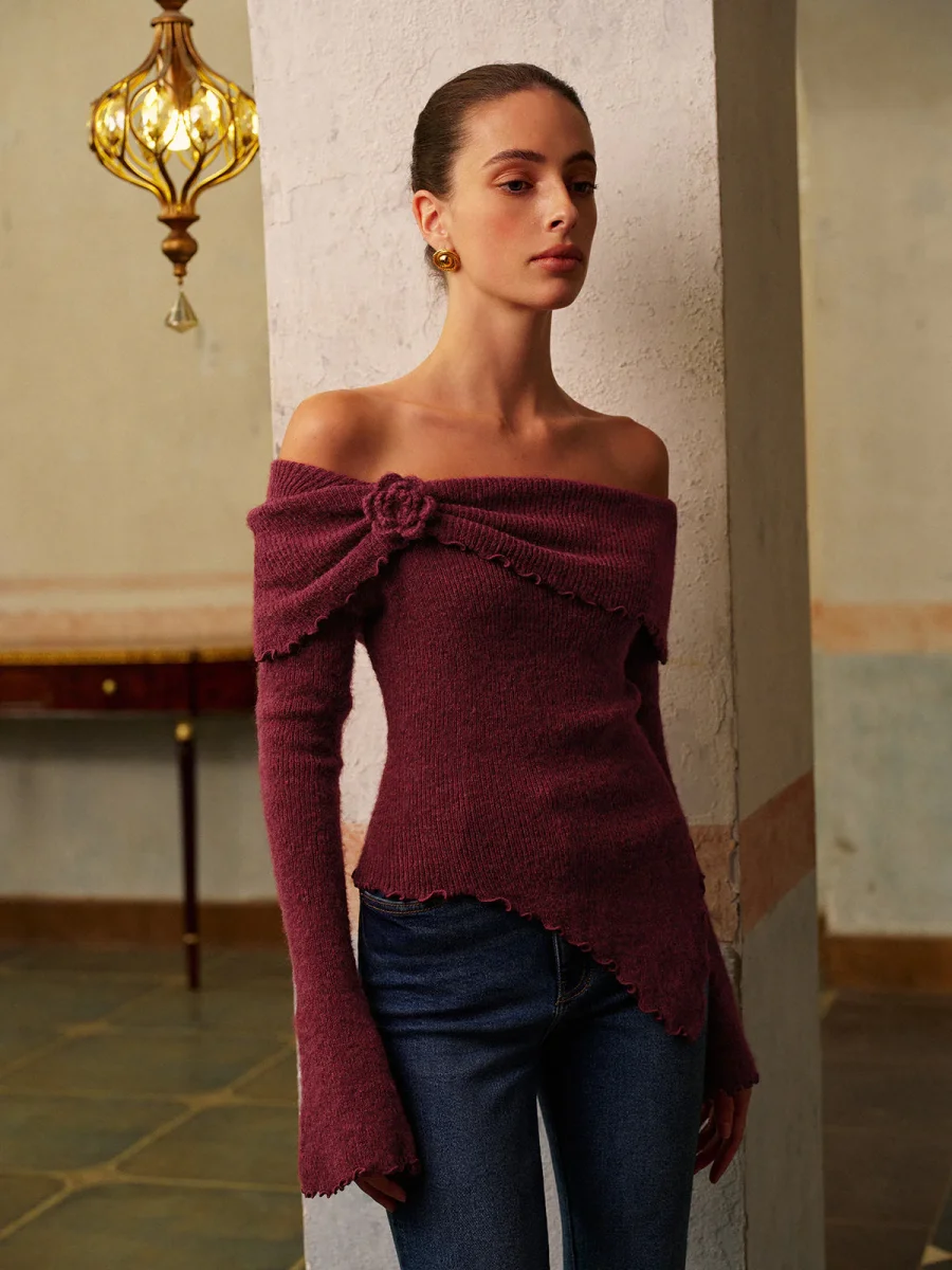 Asymmetrical Bardot Sweater | Bare Shoulders | Slim Fit – Image 3