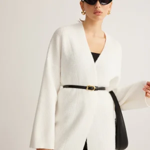 Cardigan Long | Blanc Minimaliste | Ceinturé et Élégant