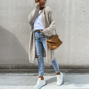 Long Cardigan en Tricot Beige | Acrylique | Douceur & Style Décontracté