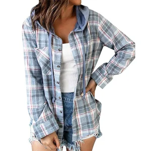Lightweight cotton plaid casual hooded shirt