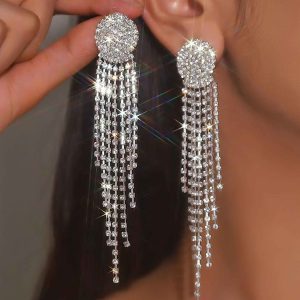 Boucles D’Oreilles Longues Chic À Pampilles Et Strass