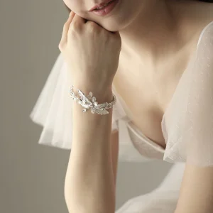 Bracelet De Mariage Feuilles Argentées