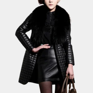 Quilted Coat Black | Cotton | Elegant with Fur Effect Collar