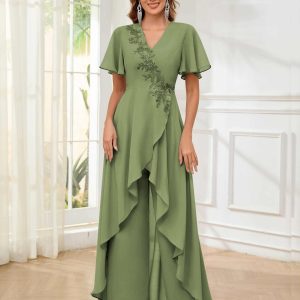 Combinaison-Pantalon Mère De La Mariée En Mousseline Dentelle À Zip Arrière Yaretzi