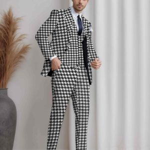 Costume Homme 3 Pièces À Revers En Pointe À Carreaux Et Pied-De-Poule Chic