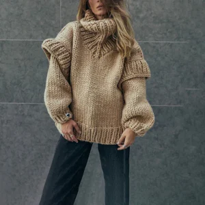 Pull Oversize Femme | Grosse Maille Beige | Col Roulé & Look Cocooning