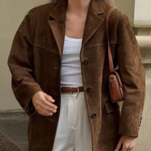 Long Suede Effect Blazer with Classic Buttoning | Charme Authentique